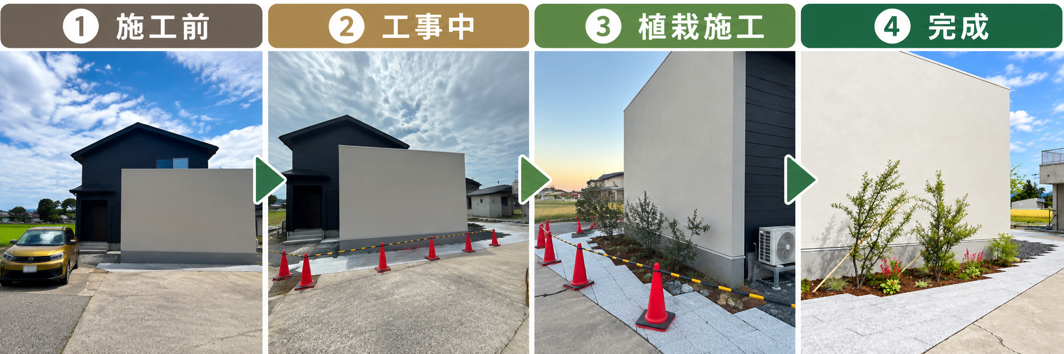 建物まわりの外構と植栽の施工前から完成までの4段階